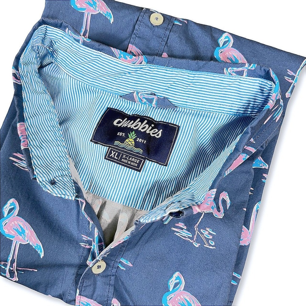 Chubbies Mingos Flamingo Short Sleeve Button Down Shirt Mens XL Cotton Blue Pink - Picture 5 of 11